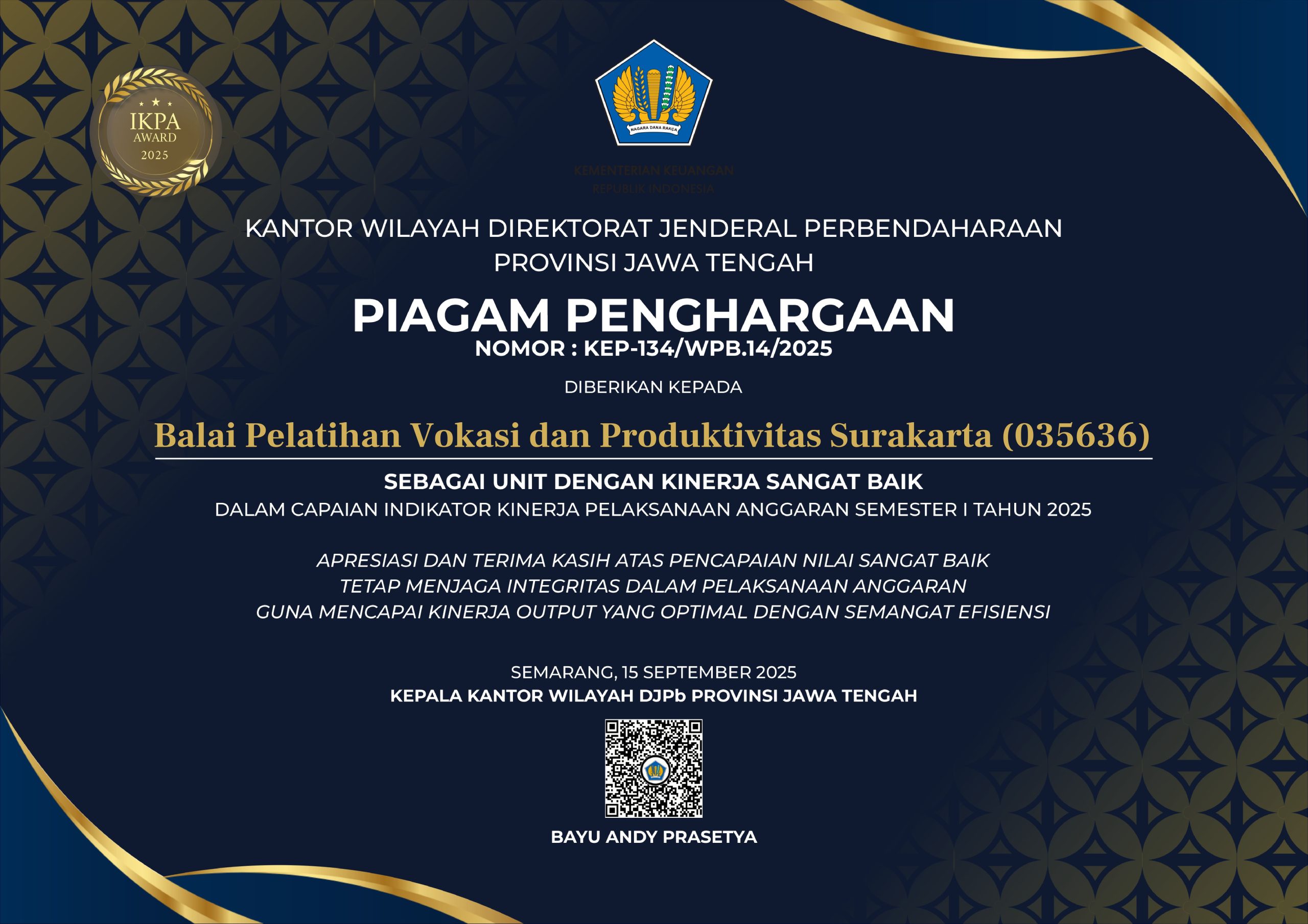 BPVP Surakarta Raih Penghargaan atas Kinerja Anggaran Sangat Baik
